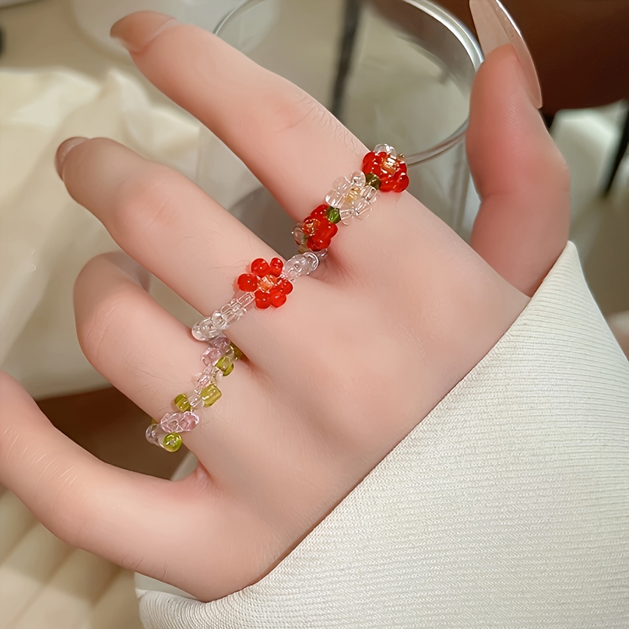 Women's Flower Glazed Beaded Elastic Ring, Creative Design